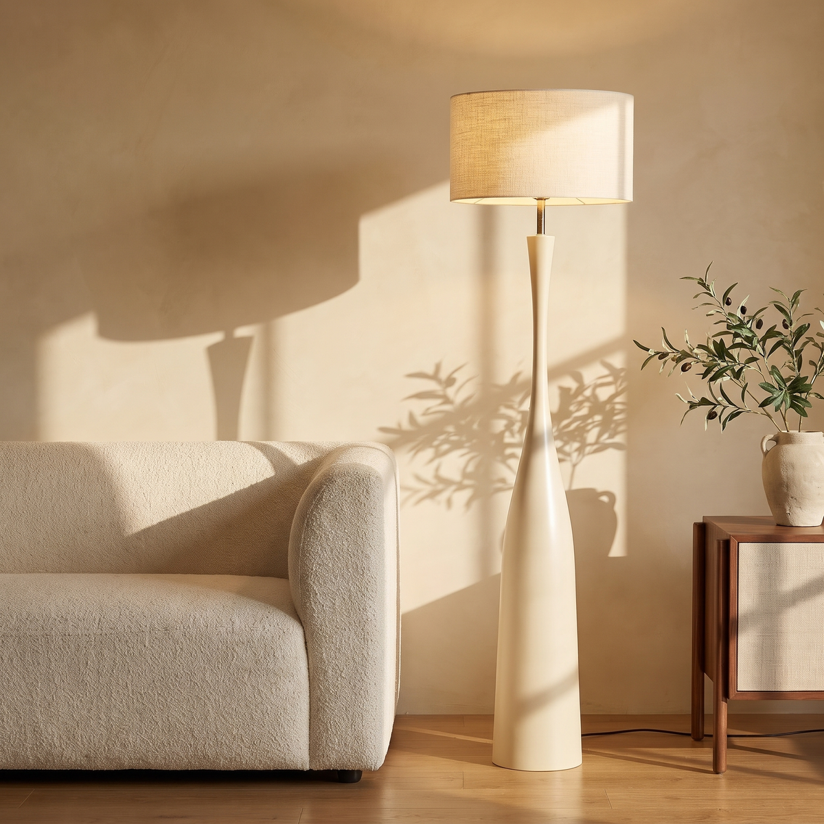 Morella beige floor lamp with 21.7 inch shade beside a cream boucle sofa