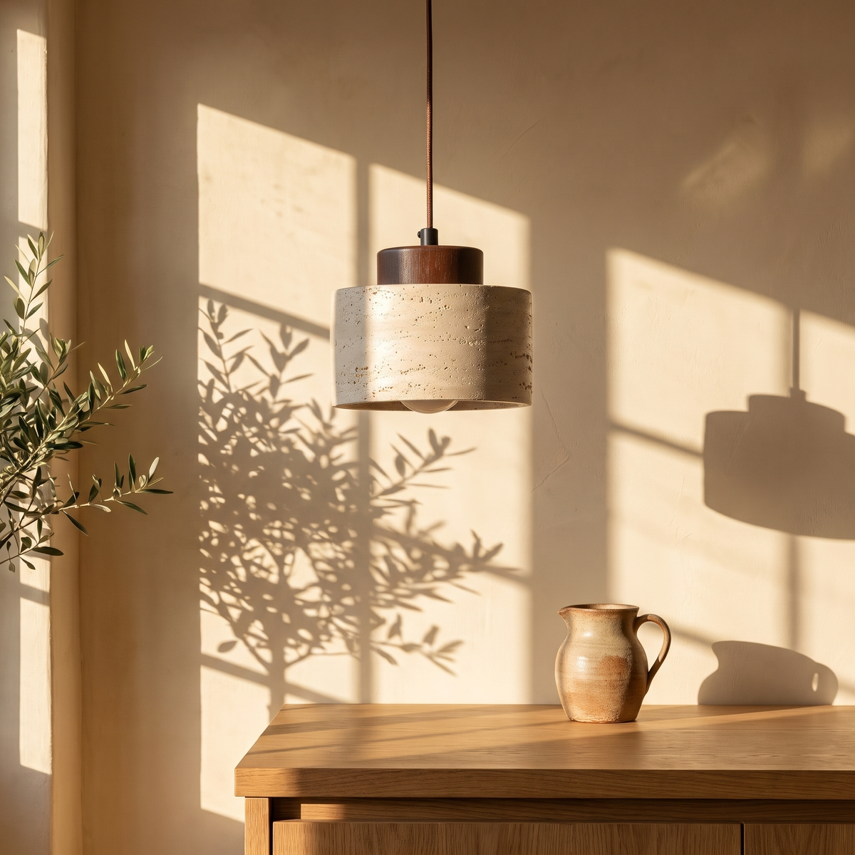 Edda Drum walnut travertine pendant light above an oak kitchen counter