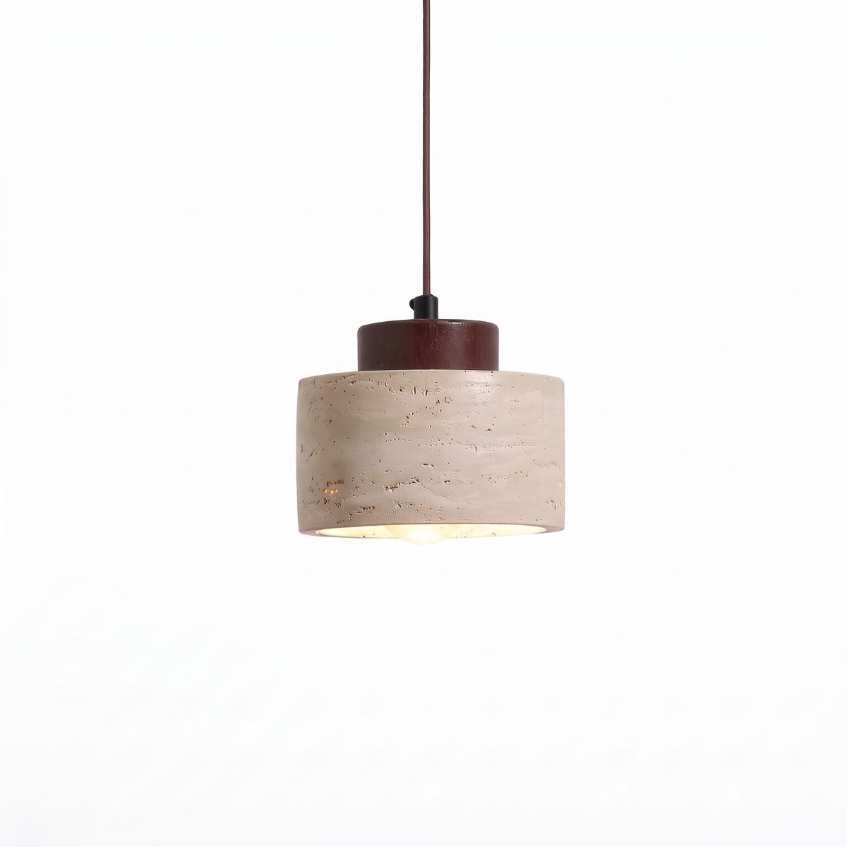 Edda Drum travertine pendant light with a walnut cap on a pure white background