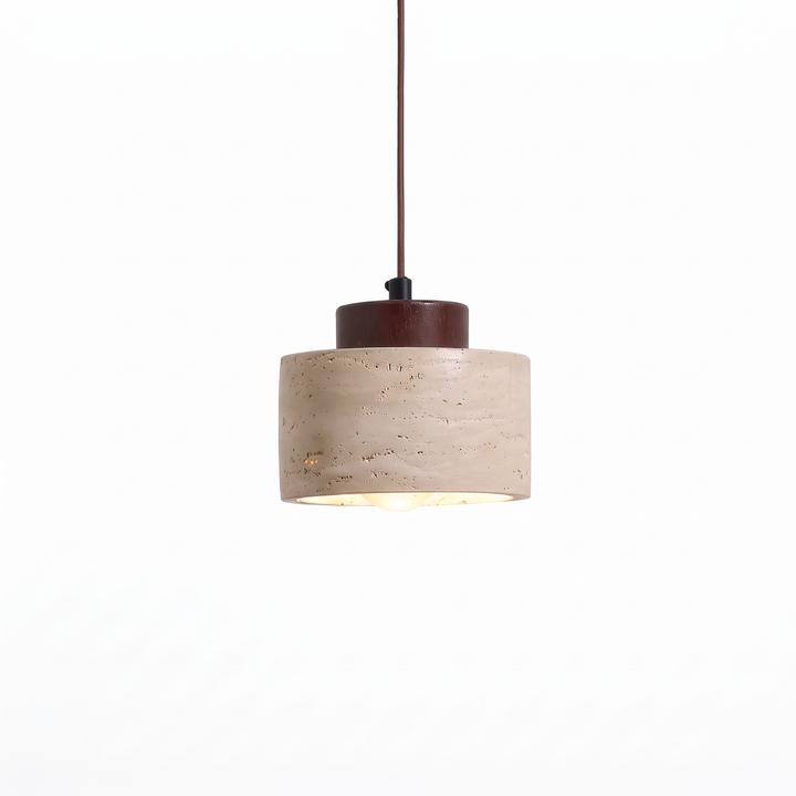 Edda Drum travertine pendant light with a walnut cap on a pure white background