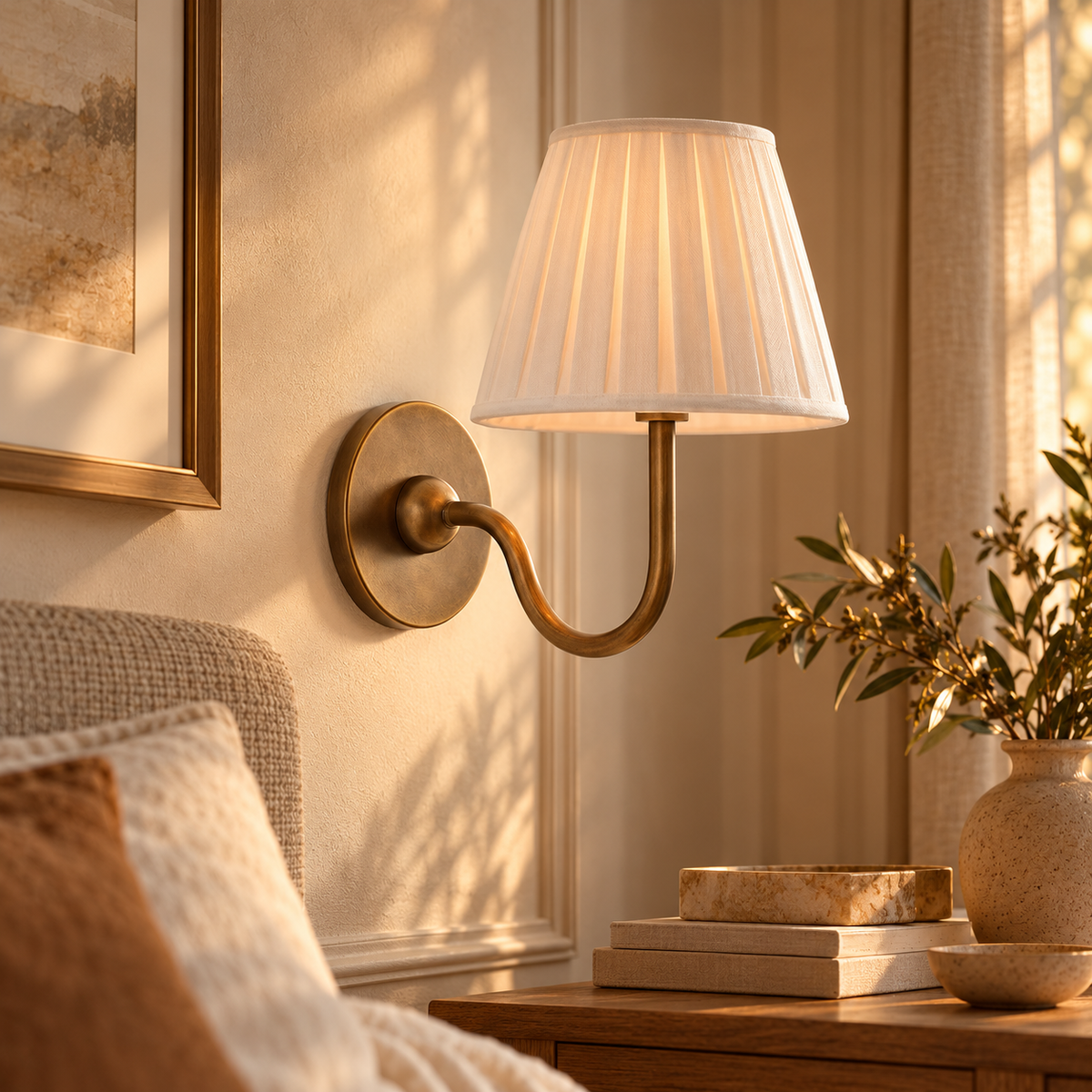Hilde pleated linen wall sconce in tumbled brass, one light, in a warm sunlit bedroom
