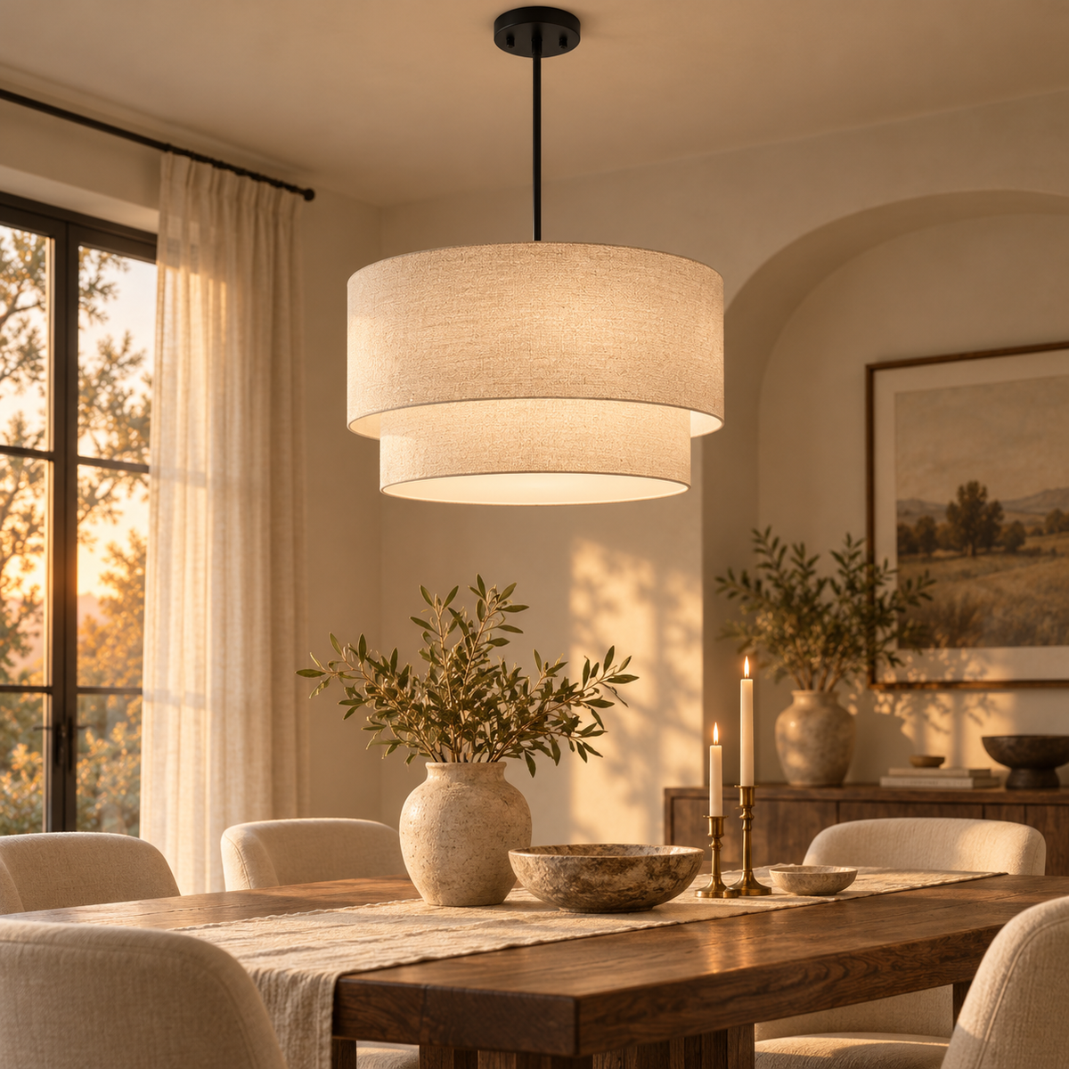 Sanna natural linen pendant featured in a warm Lunorei dining room