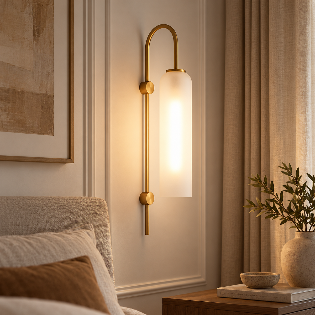 Ylva frosted white glass wall sconce in a warm Lunorei bedroom